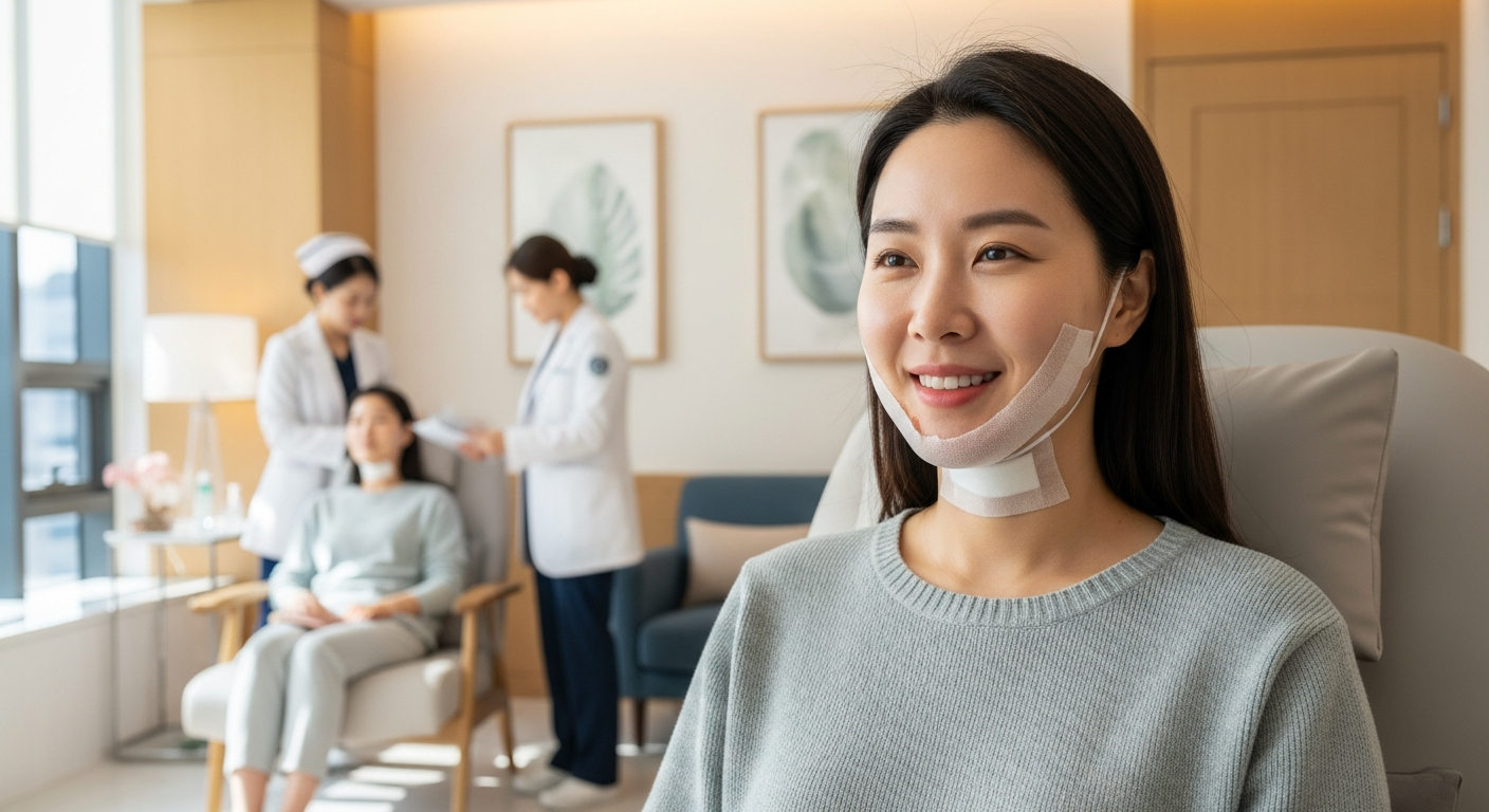 顔輪郭整形術後の回復過程でケアを受ける患者