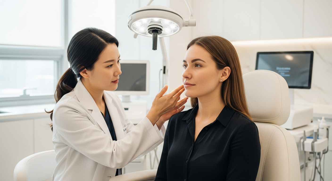 Rejuran consultation with Korean dermatologist examining patient skin