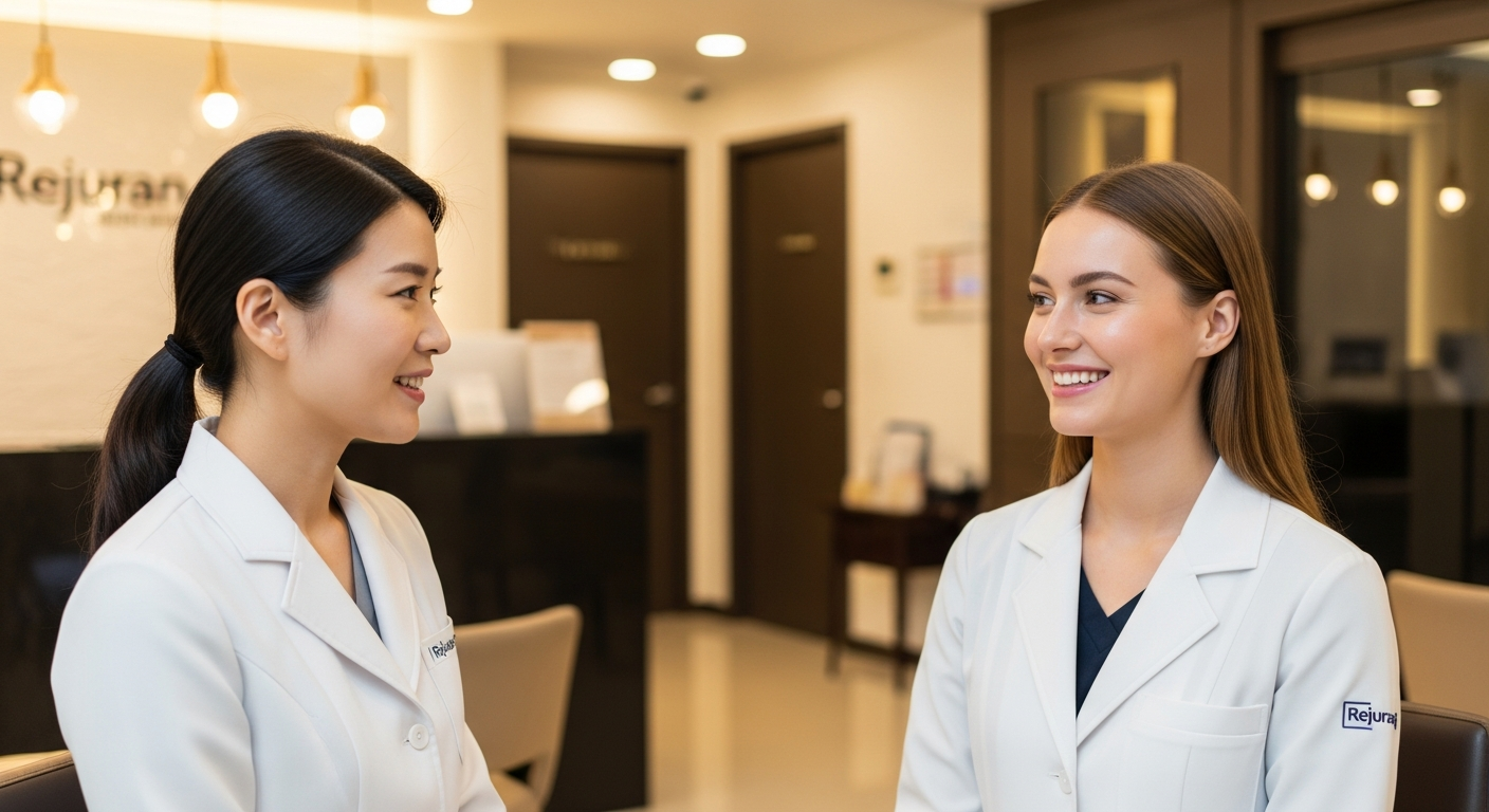 Happy patient consulting with medical interpreter after successful Rejuran treatment