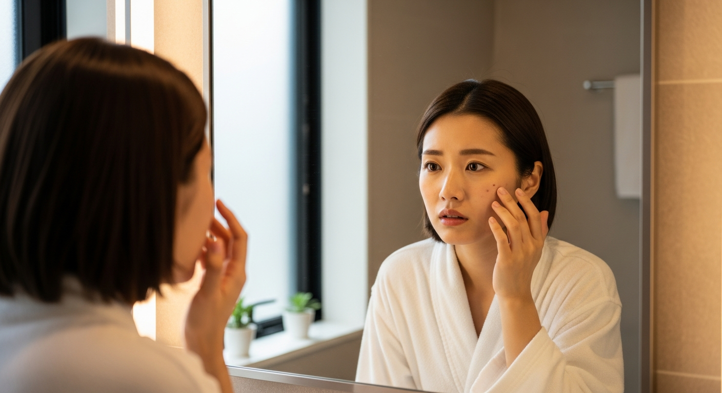 ほくろ除去後悔 日本人女性 鏡を見て心配する様子