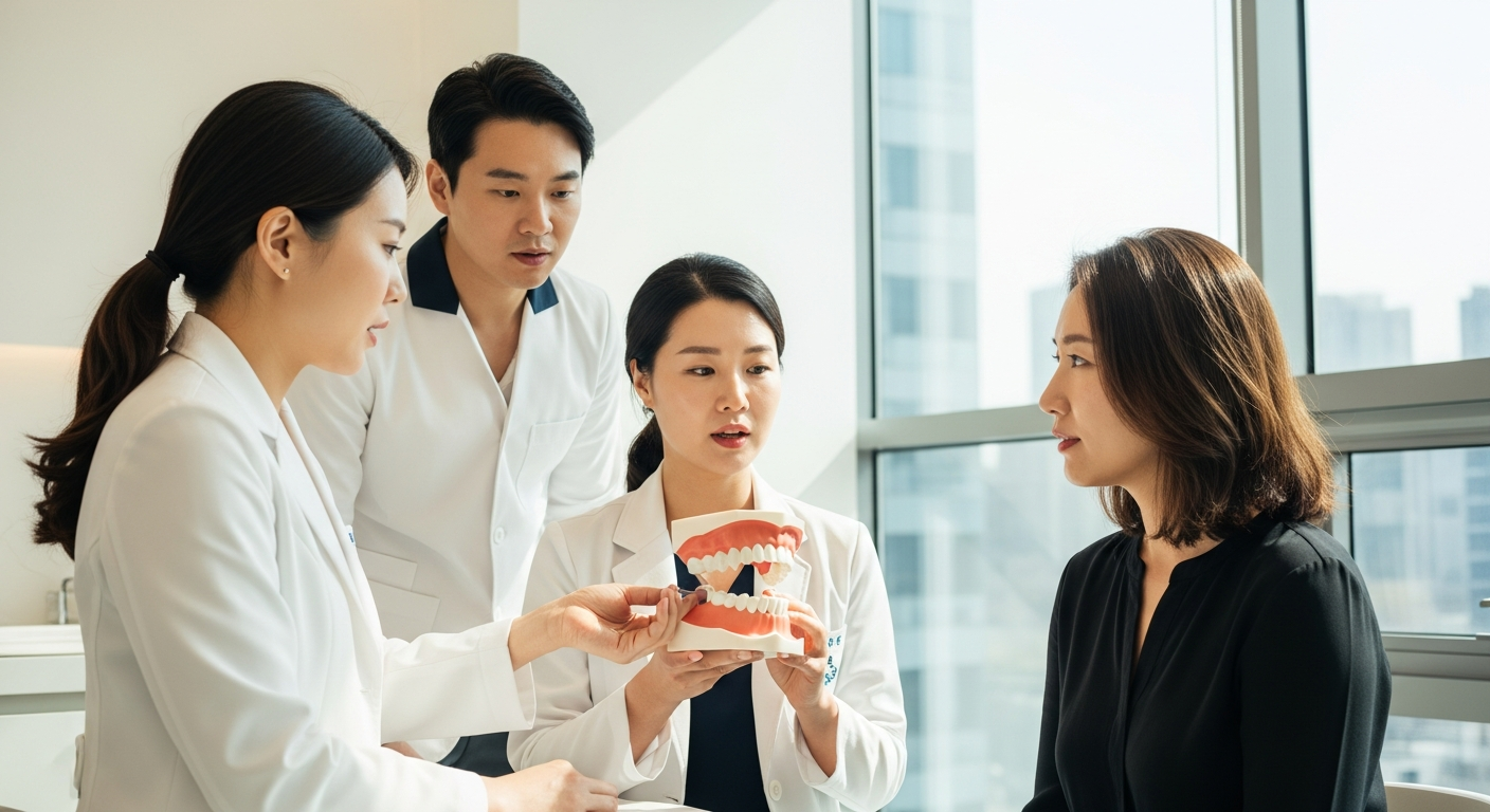 Korean plastic surgeon explaining square jaw surgery procedure to international patient