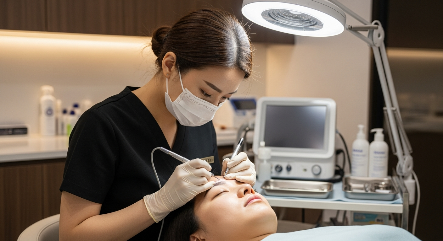 韓国での眉タトゥー施術中の様子