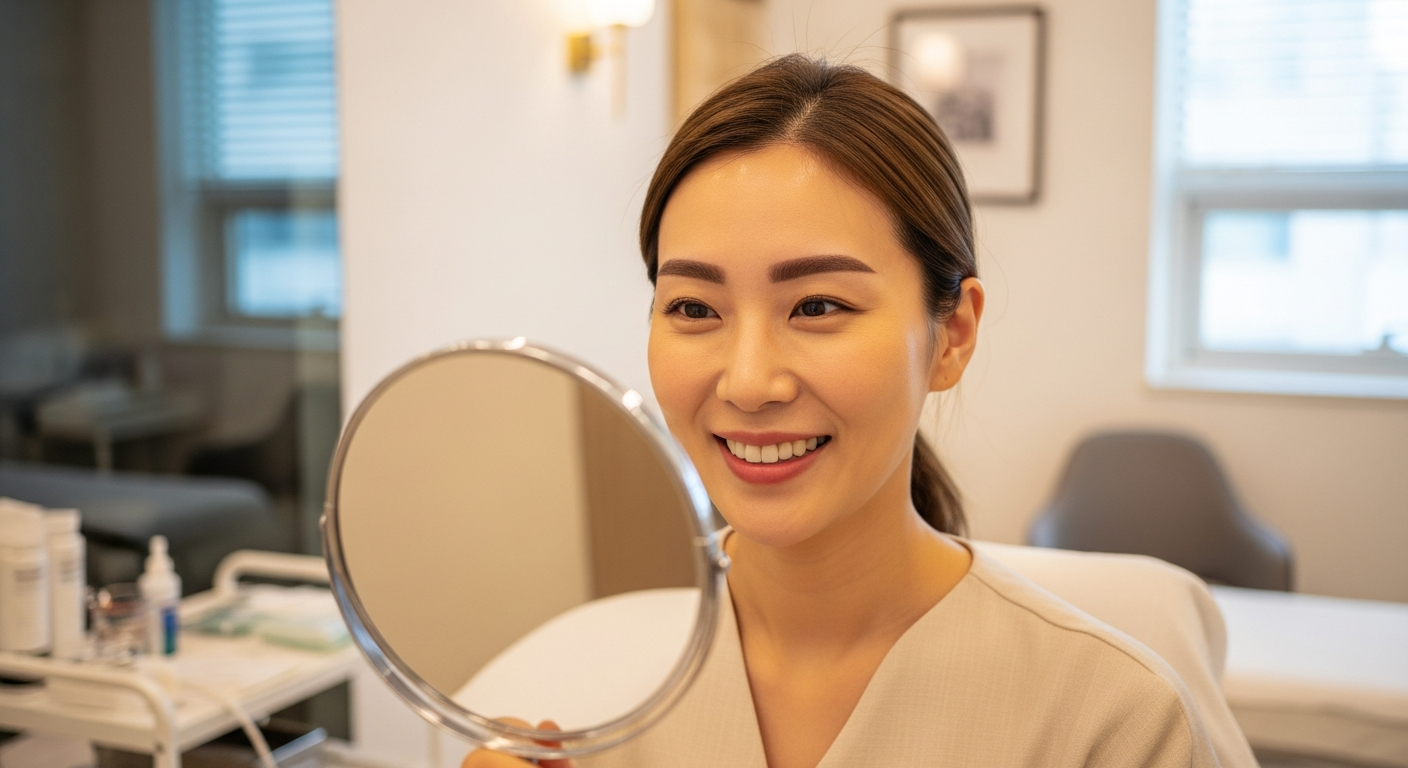 眉タトゥー完了後の満足した表情の女性