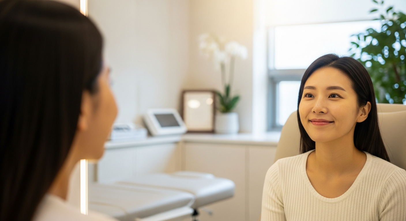 鼻整形後の回復期間を経て満足そうに鏡を見る女性