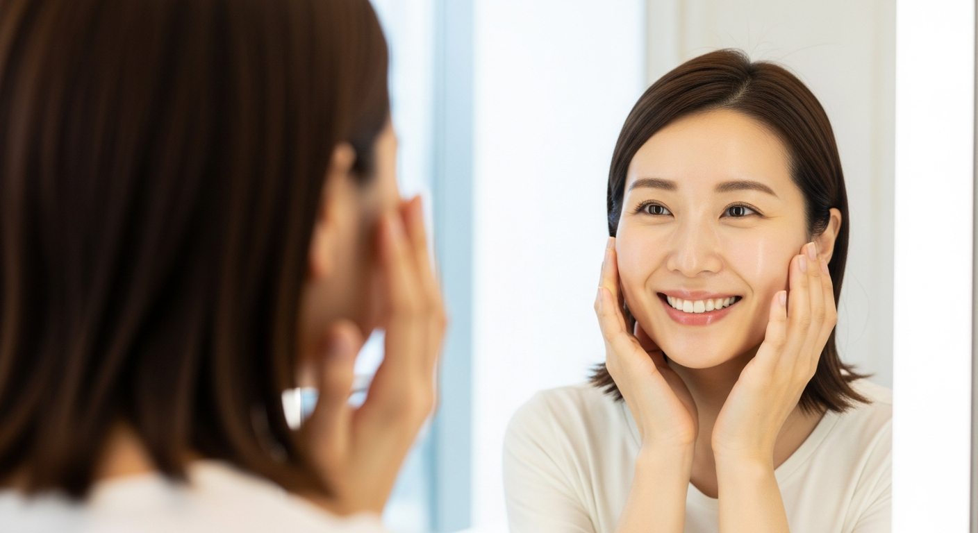 韓国肌管理後の満足した表情の日本人女性 - 効果を実感