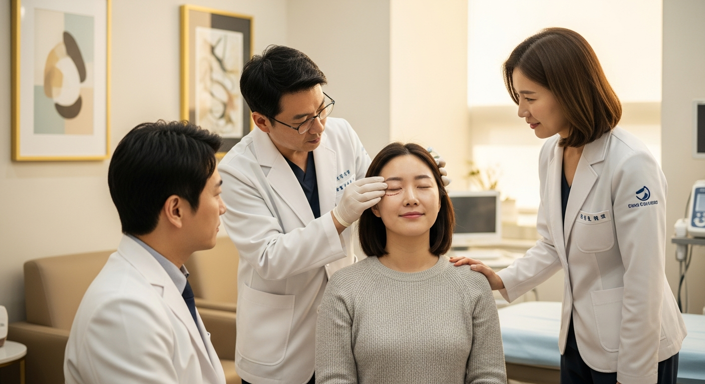 Patient follow-up appointment showing natural epicanthoplasty results in Korean clinic