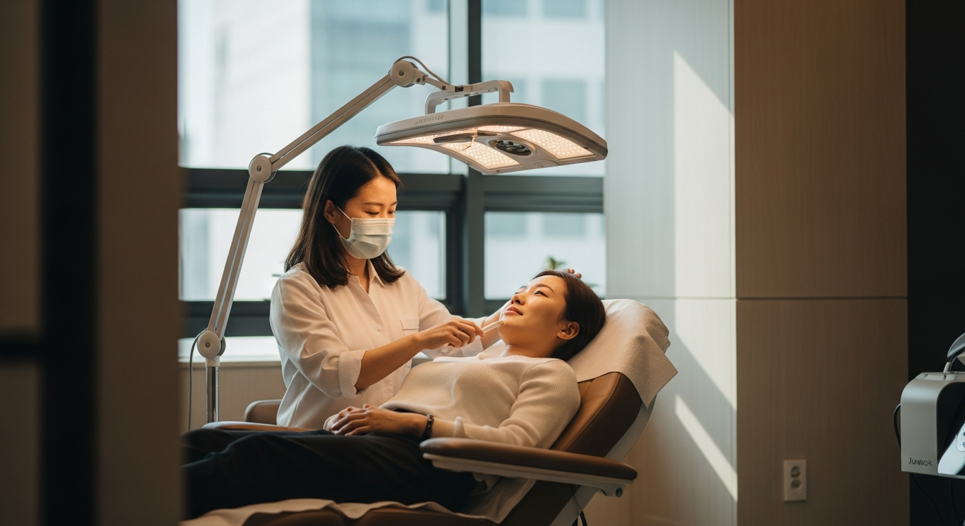 Patient receiving LED therapy after Juvelook treatment in Korean clinic